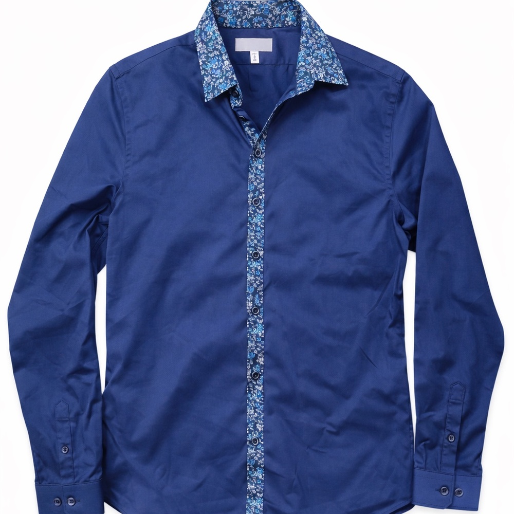 Express Men’s Navy Dress Shirt Small Slim Fit 14 Neck Floral Trim NWT